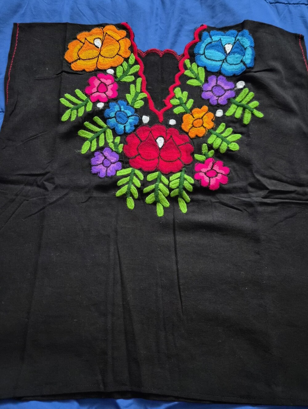 Embroidered Black Women's Top with Multicolor Floral Yoke